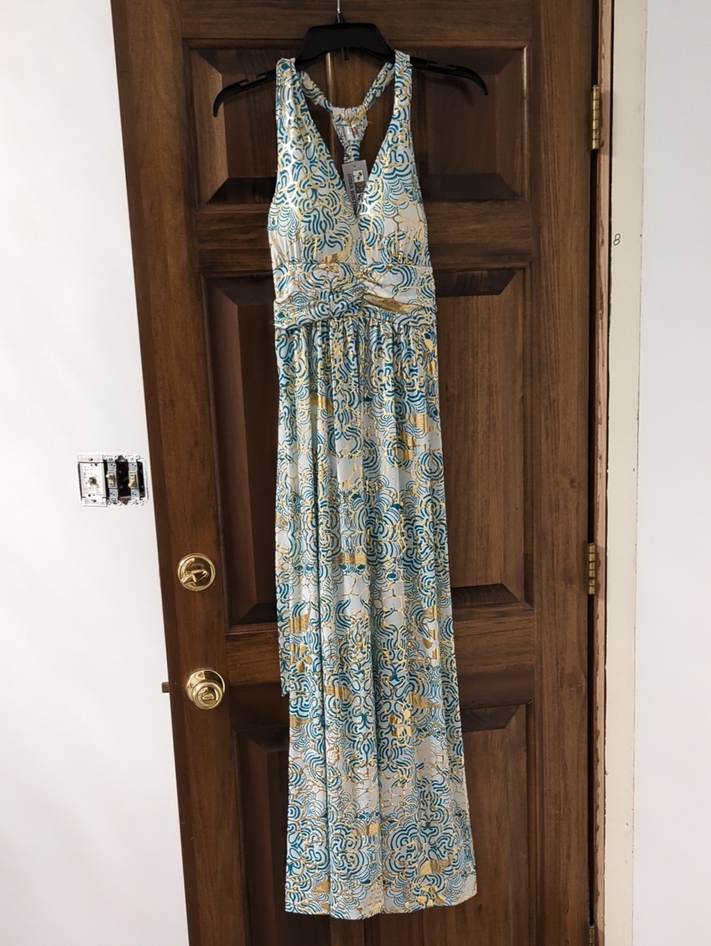 Sleeveless Halter Maxi Dress in Teal and Gold Print